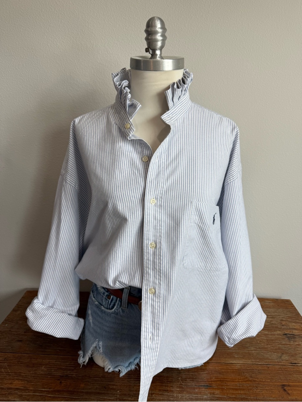 Upcycled Ralph Lauren Blue White Striped Ruffle Collar Shirt Blue Pony Size 3X